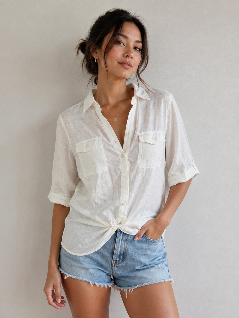 100% linen INC International Concepts Cream Button-Front Linen Shirt